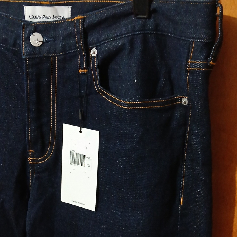 Calvin Klein Navy Denim Shorts with Yellow Stitching - Picture 7 of 11